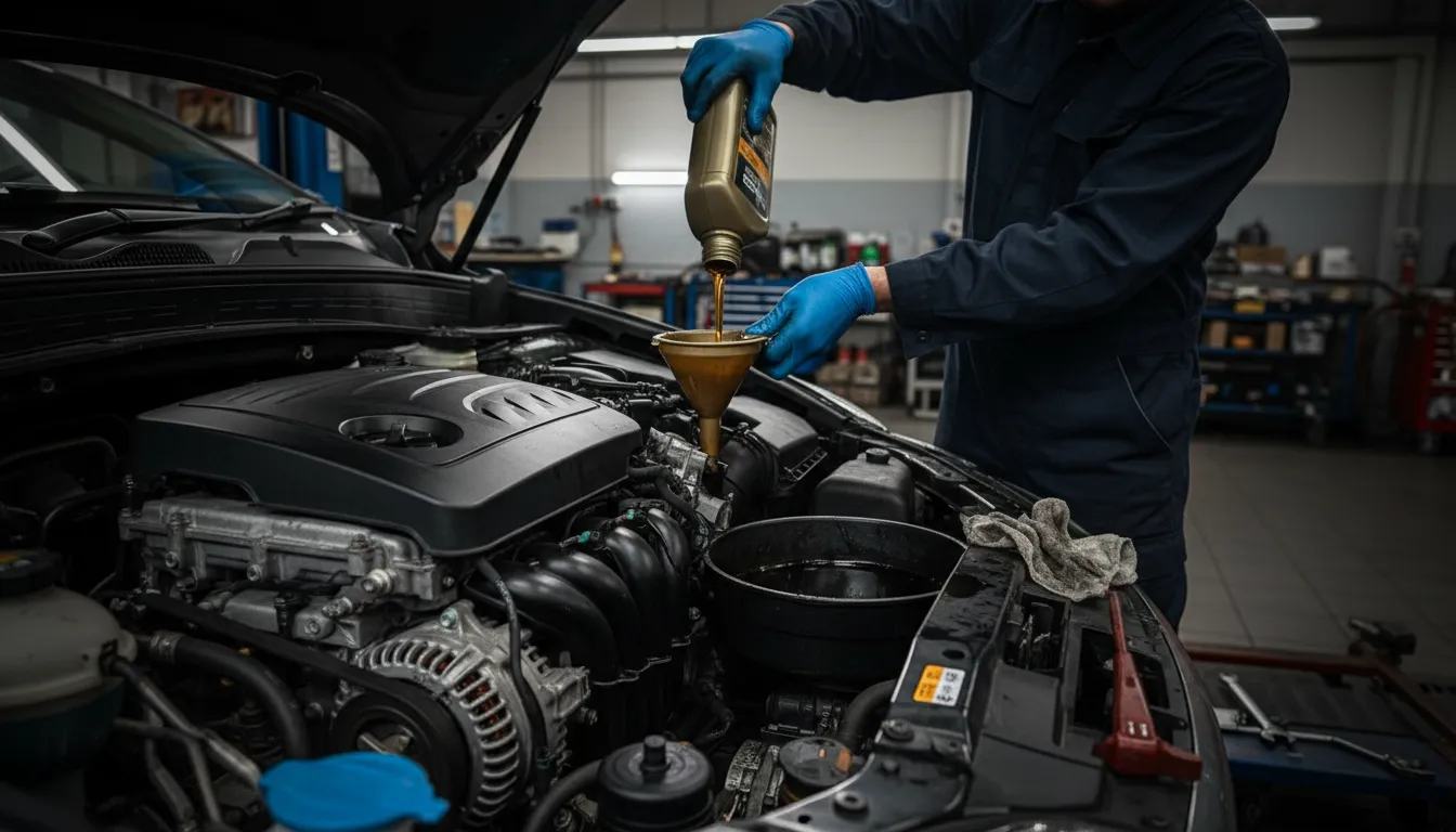 Technician inspecting car engine with clipboard